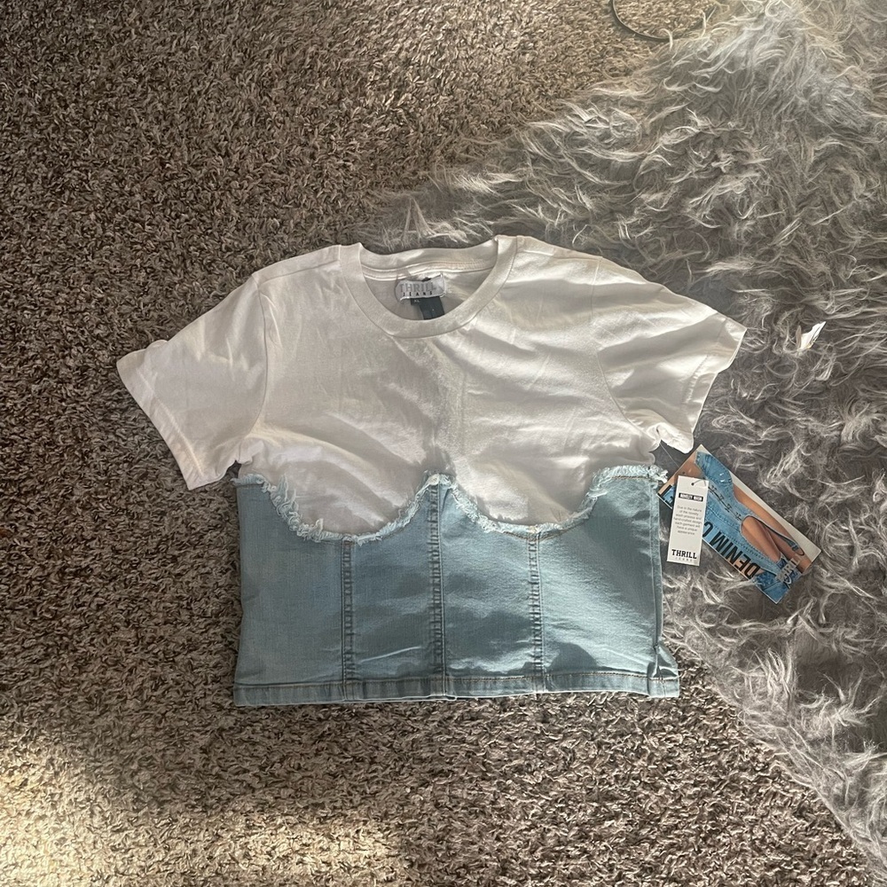 Thrill White and Light Blue Denim Corset Crop Top